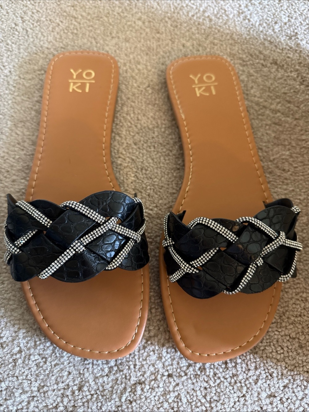 Yoki Black Braided Rhinestone Slide Sandals size 8.5